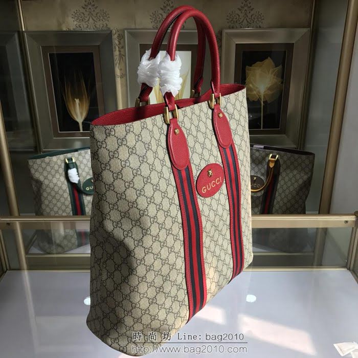 GUCCI 古馳男包 新款 473870 GG Supreme高級人造帆布 黑色紅色織帶裝飾 購物袋